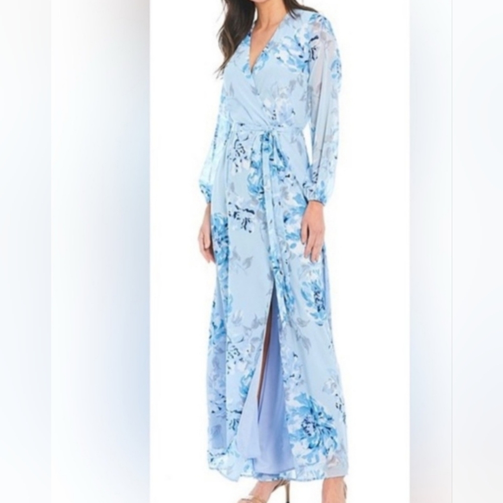 Marina Blue Floral Wrap Long Sleeve Chiffon Maxi Dress, Size 8